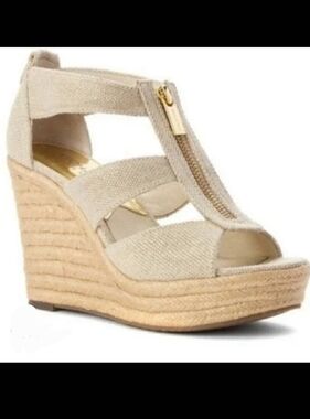NEW Michael Kors "Etta" Beige Wedge Sandals with Gold Zip - Women